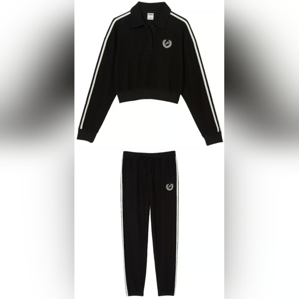 XL XXL ❤️VS PINK Fleece Cropped Polo Sweatshirt Fleece HighWaist Pants Set Black